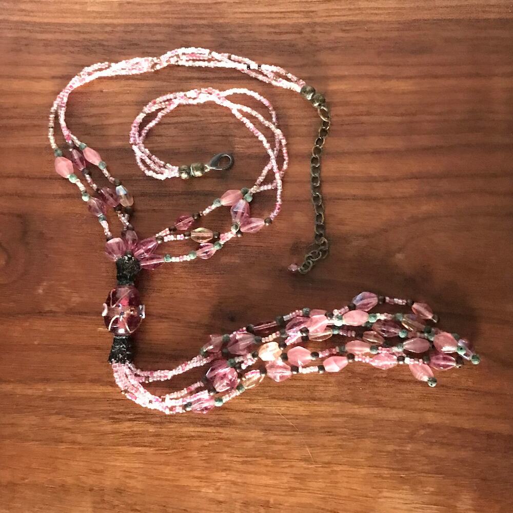 Pink seed bead glass accent Y-drop / tassel necklace
